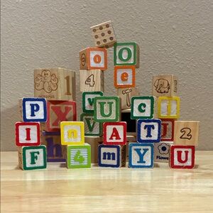 Colorful Wooden Alphabet (and a few semi blanks & numbers) Blocks  lot of 31